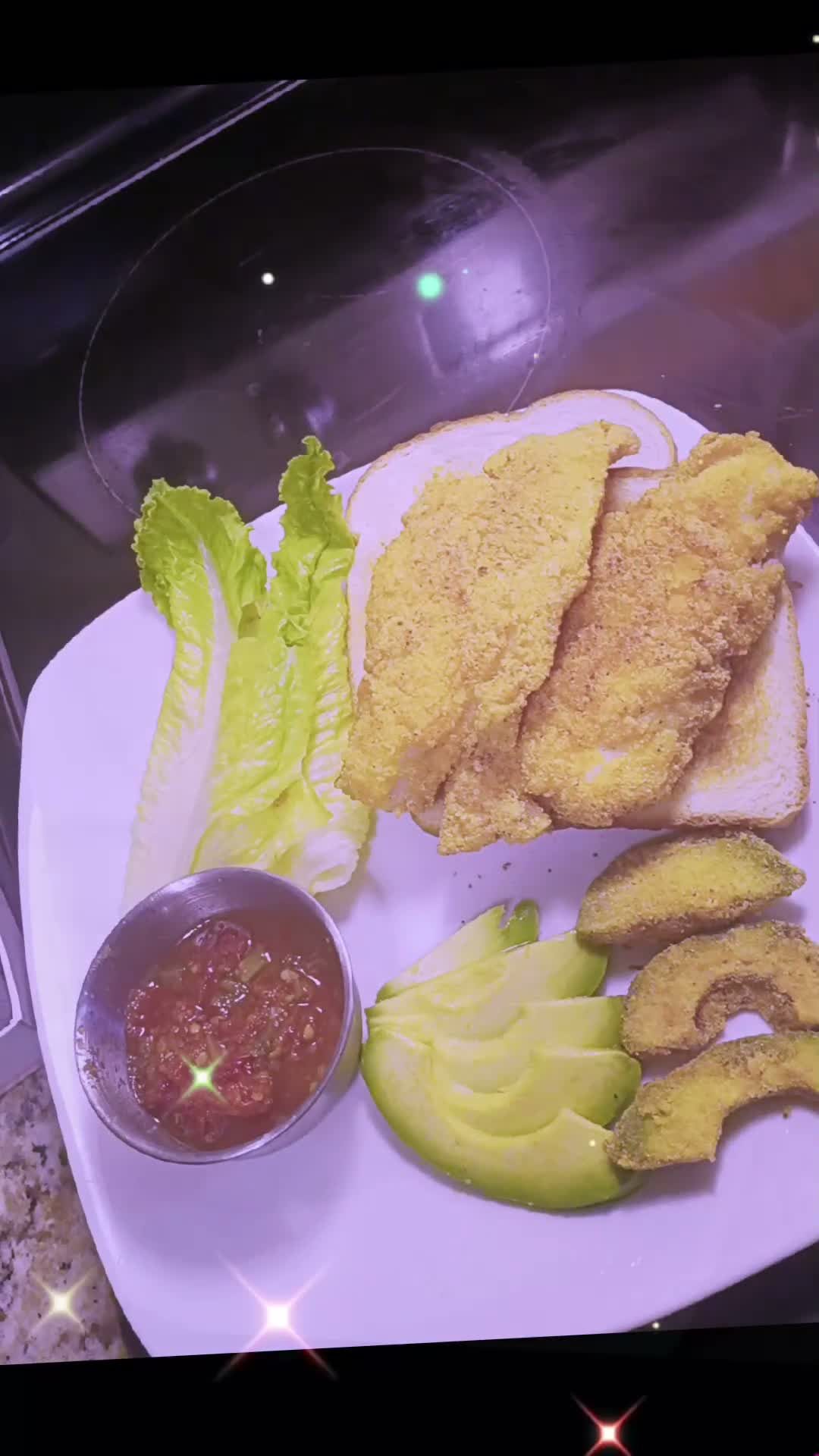 Whiting Dinner plate with fried whiting, avocado and house red sauce